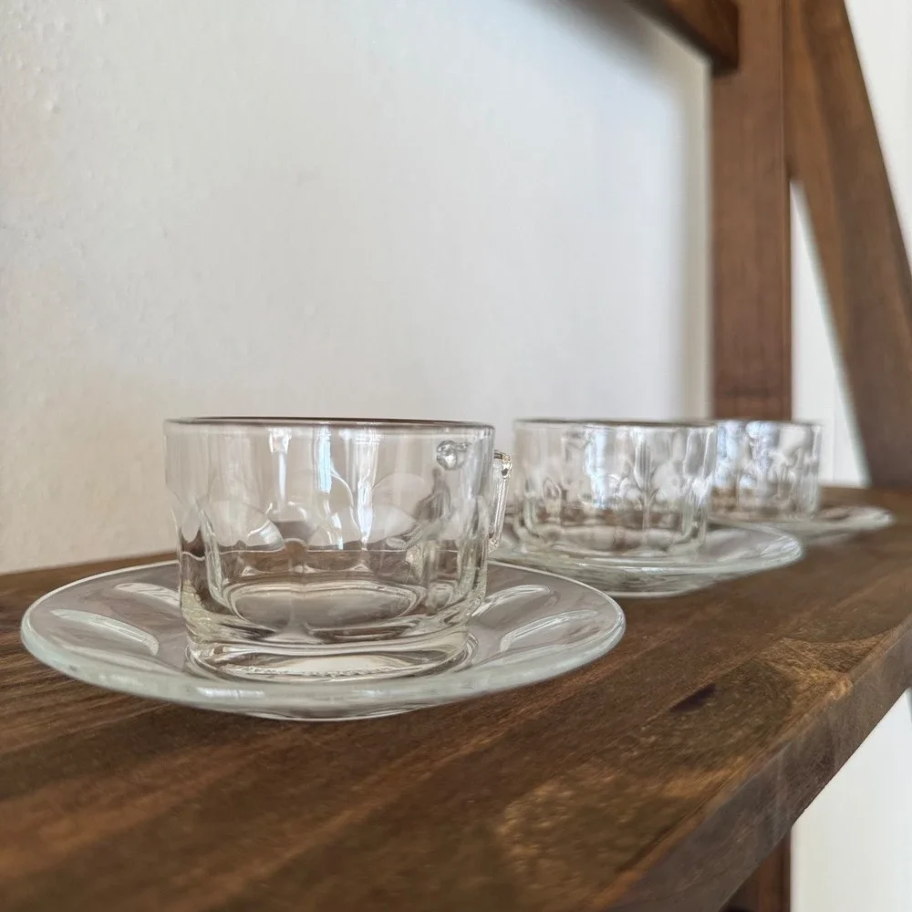 7pc Vintage Arcoroc Petale Clear Glass Tea Cup & Saucer France Set of 3 + 1 Free